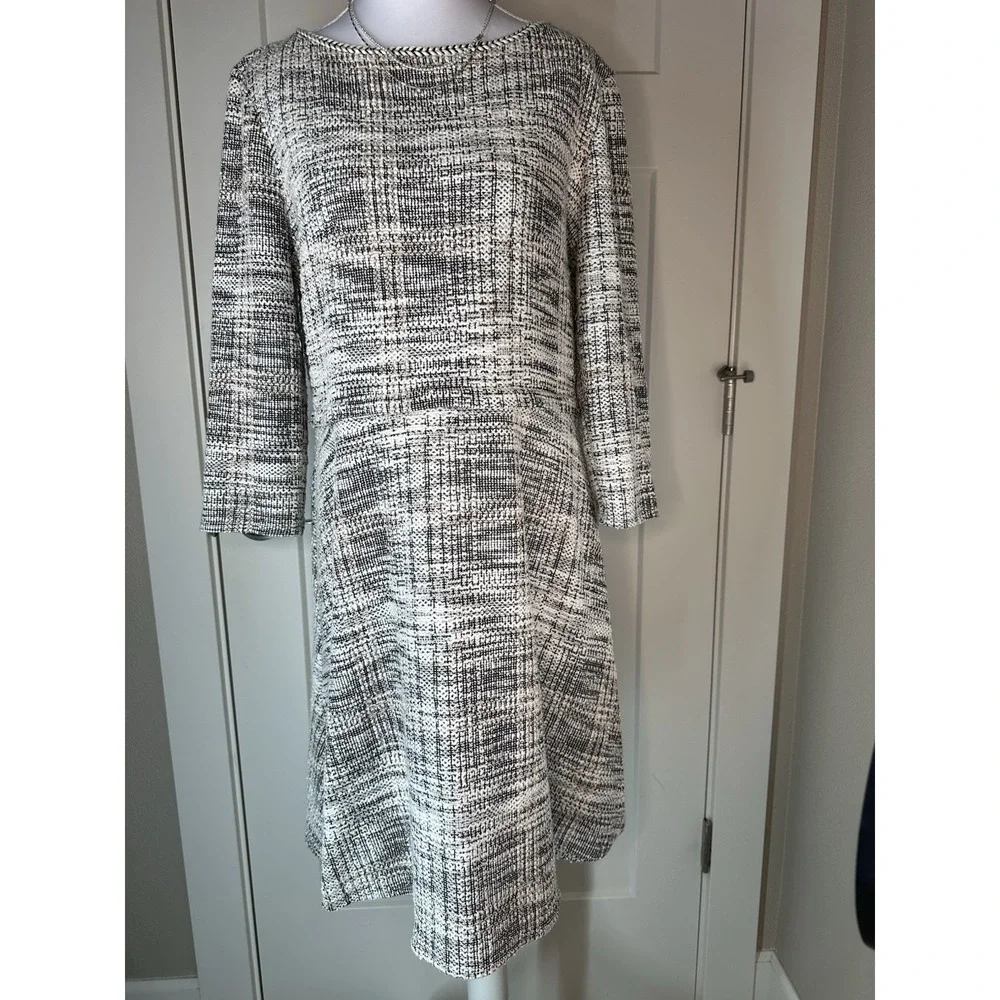 Max Studio Plaid Knit‎ Dress Women LG Black White Long Sleeve Fit & Flare 35